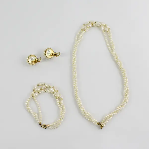 Triple Braided Strand Cultured Pearl Necklace Bracelet and Clip On Earrings