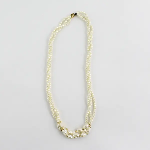 Triple Braided Strand Cultured Pearl Necklace Bracelet and Clip On Earrings