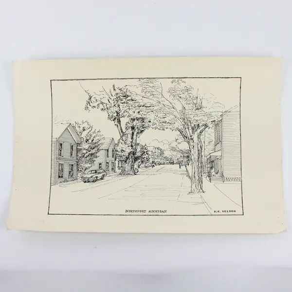 Vintage Northport Michigan K.E. Nelson Drawing Art Print Unframed Street Scene