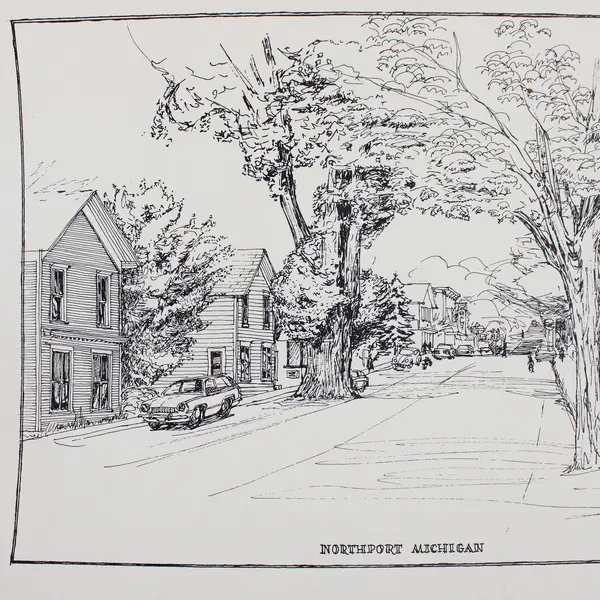 Vintage Northport Michigan K.E. Nelson Drawing Art Print Unframed Street Scene