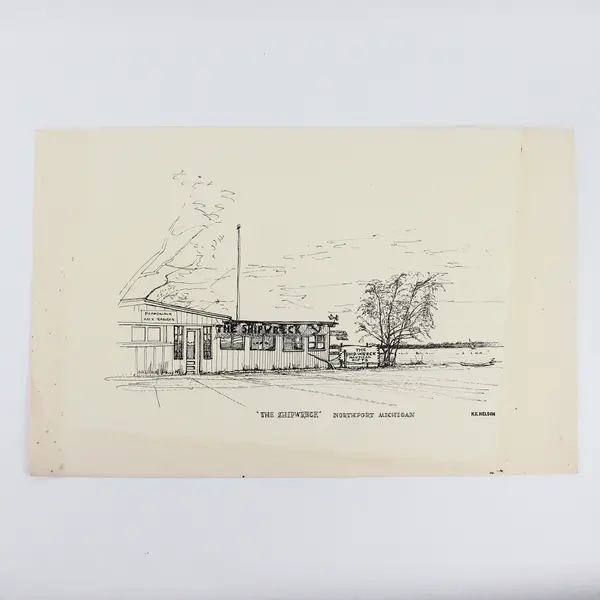 Vintage Northport Michigan The Shipwreck K.E. Nelson Drawing Art Print Unframed 