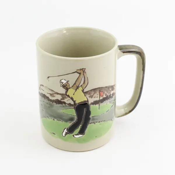 Tan Raised Relief Ceramic Golf Motif Coffee Mug