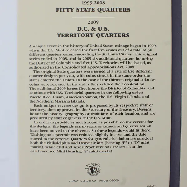 50 State & Territory Quarter Folder 99-09 LTCY0004 Littleton Coin Company LCF3T 