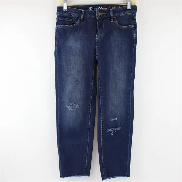 Eddie Bauer Women's 2 Dark Wash Raw Hem "Slightly Curvy" Straight Denim Jeans