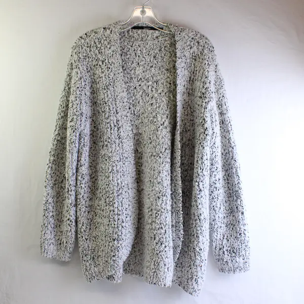 Kensie Women's M/L Black And White Fuzzy Eyelash Yarn Open Front Cardigan