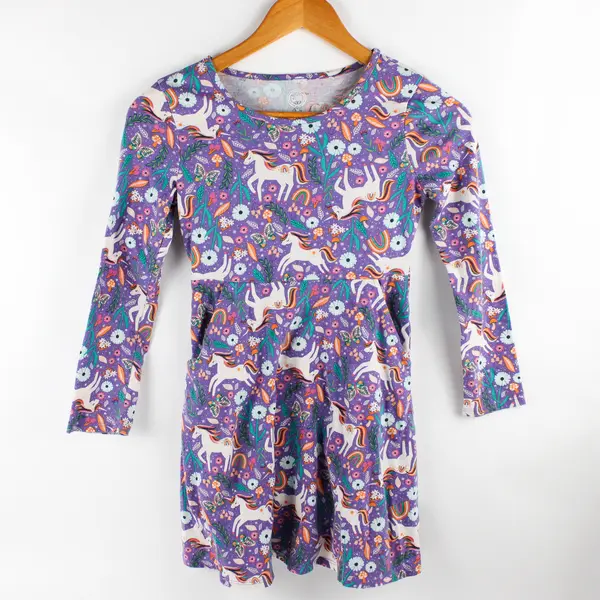 Wonder Nation Fantasy Unicorn Print Long-Sleeved Dress Girls' Medium 7-8