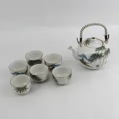 Vintage Kutani Fujita Japan Porcelain Tea Set Teapot & 6 Cups Bamboo Gold Trim