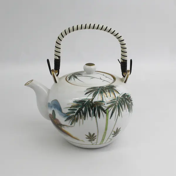 Vintage Kutani Fujita Japan Porcelain Tea Set Teapot & 6 Cups Bamboo Gold Trim