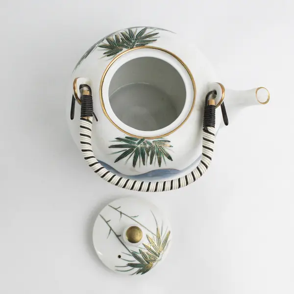 Vintage Kutani Fujita Japan Porcelain Tea Set Teapot & 6 Cups Bamboo Gold Trim