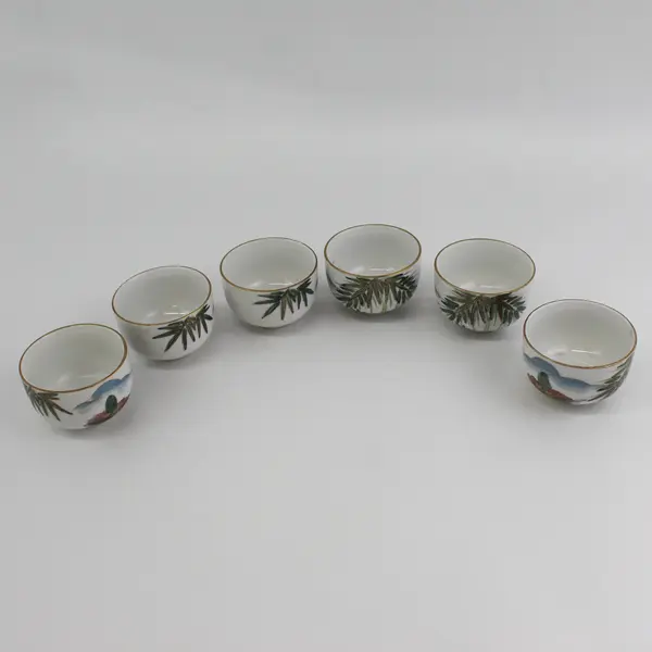 Vintage Kutani Fujita Japan Porcelain Tea Set Teapot & 6 Cups Bamboo Gold Trim