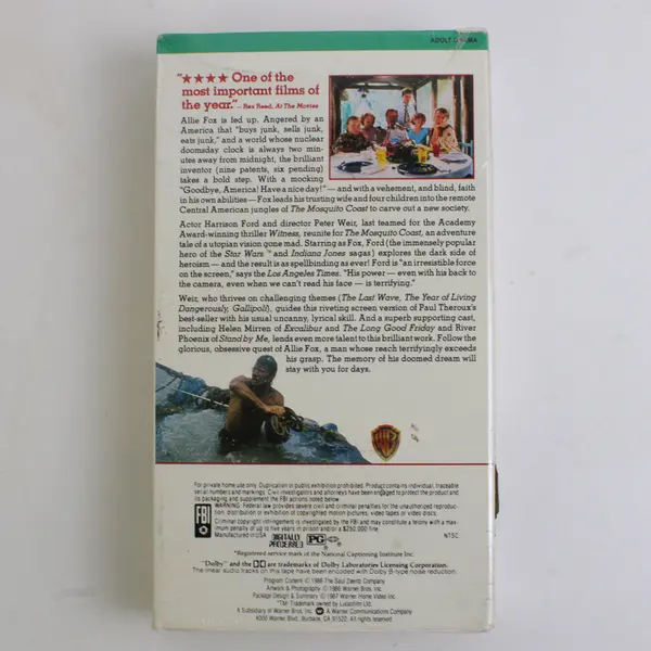 Vintage 1986 Film on VHS The Mosquito Coast Harrison Ford Helen Mirren Good