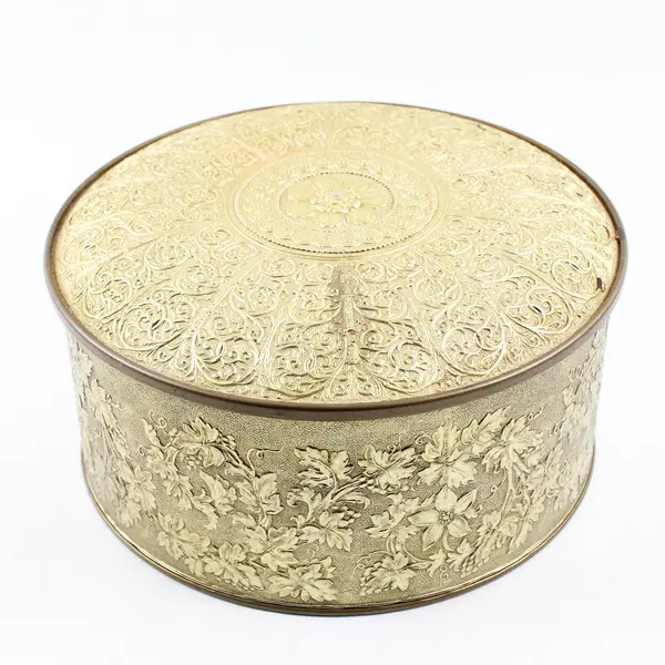 Vintage Guildcraft Round Gold-Toned Ornate Metal Box - Made in USA - 8"x3.5"
