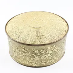 Vintage Guildcraft Round Gold-Toned Ornate Metal Box - Made in USA - 8"x3.5"