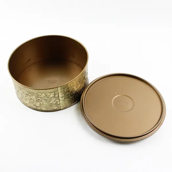 Vintage Guildcraft Round Gold-Toned Ornate Metal Box - Made in USA - 8"x3.5"