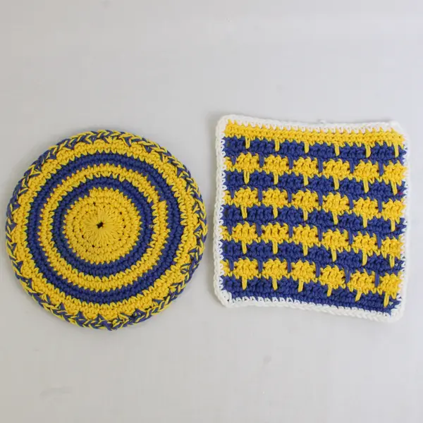 Set of 2 Crocheted Pot Holders (Square and Round) Double Thick, Yellow & Blue