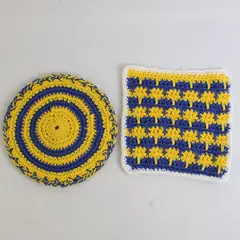 Set of 2 Crocheted Pot Holders (Square and Round) Double Thick, Yellow & Blue