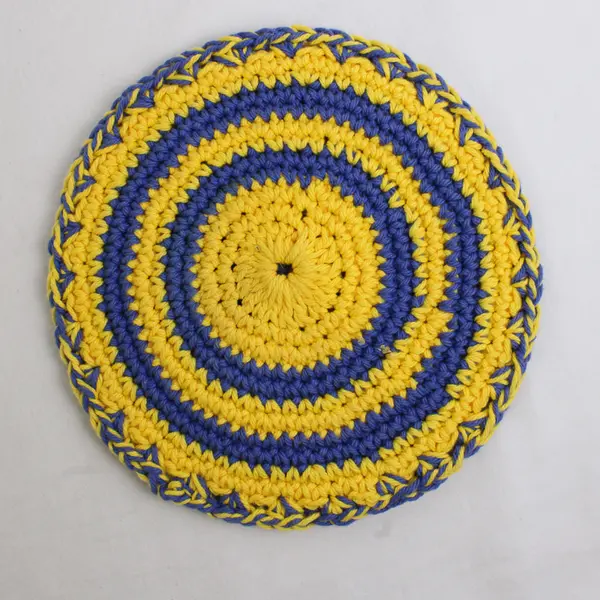 Set of 2 Crocheted Pot Holders (Square and Round) Double Thick, Yellow & Blue