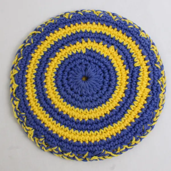 Set of 2 Crocheted Pot Holders (Square and Round) Double Thick, Yellow & Blue