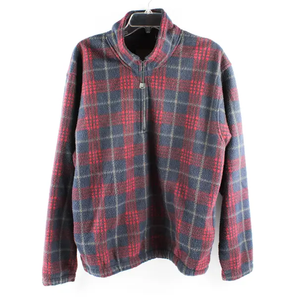 St. Johns Bay Men's M Blue/Red Plaid Heavyweight Fleece 1/4 Zip Pullover Sweater