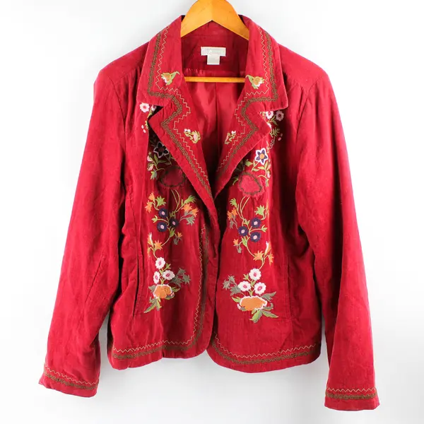 Vtg Christopher & Banks Women’s XL Red Floral Embroidered Corduroy Jacket