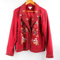 Vtg Christopher & Banks Women’s XL Red Floral Embroidered Corduroy Jacket