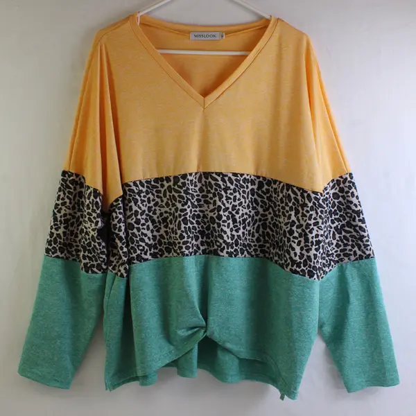 Misslook Leopard Print Color Block Long-Sleeved V-Neck Shirt Women's XL