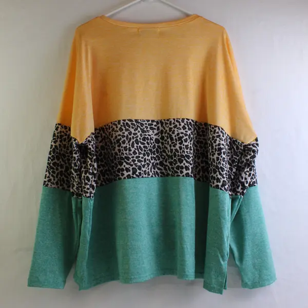 Misslook Leopard Print Color Block Long-Sleeved V-Neck Shirt Women's XL