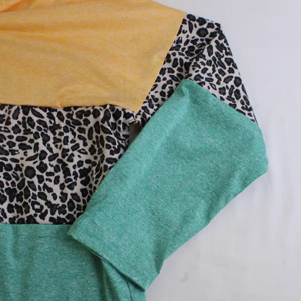 Misslook Leopard Print Color Block Long-Sleeved V-Neck Shirt Women's XL