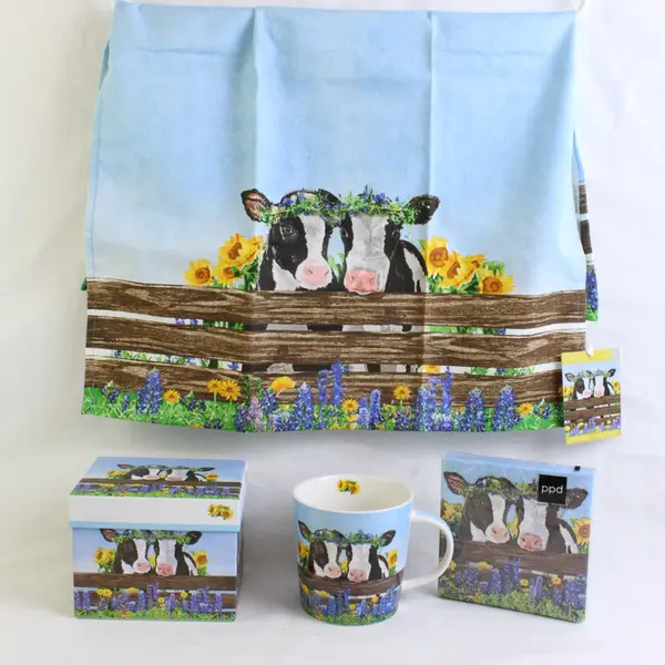 Lot Of 3 PPD Two Can Art Cute Cow Friends Patterned Mug, Kitchen Towel, Napkins