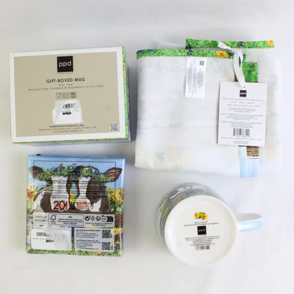 Lot Of 3 PPD Two Can Art Cute Cow Friends Patterned Mug, Kitchen Towel, Napkins