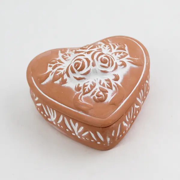 Terracotta Heart Shaped Trinket Box With Embossed Roses