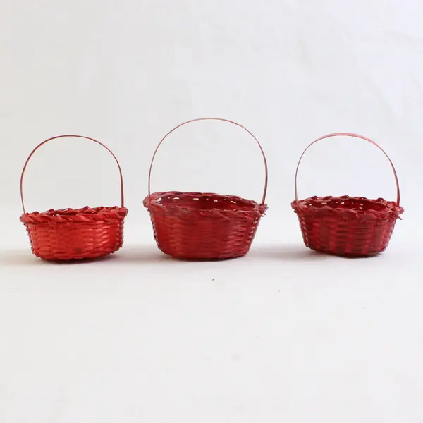 Lot Of 3 Handmade Solid Red Color Matching Mini/Small Round Woven Baskets