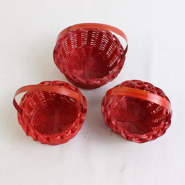 Lot Of 3 Handmade Solid Red Color Matching Mini/Small Round Woven Baskets