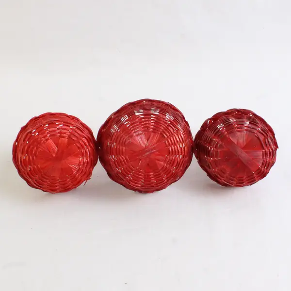 Lot Of 3 Handmade Solid Red Color Matching Mini/Small Round Woven Baskets