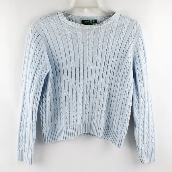 Vtg Lauren Ralph Lauren Women's M Petite Blue Cable Knit Sweater - FLAWED