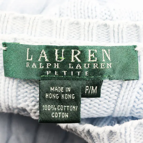 Vtg Lauren Ralph Lauren Women's M Petite Blue Cable Knit Sweater - FLAWED
