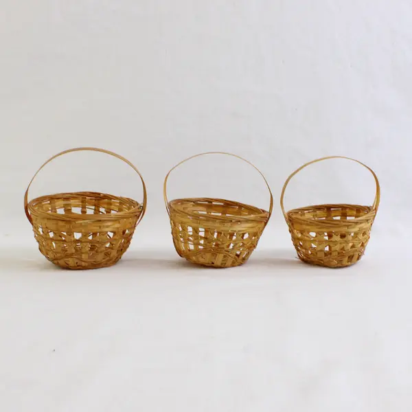Lot Of 3 Handmade Solid Beige Color Matching Mini/Small Round Woven Baskets