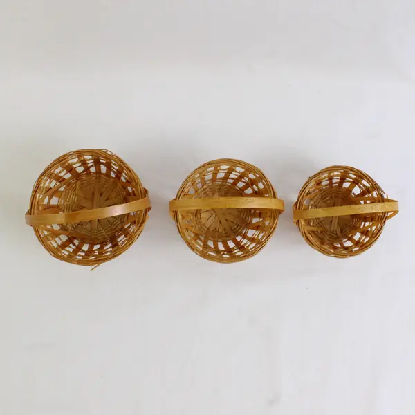 Lot Of 3 Handmade Solid Beige Color Matching Mini/Small Round Woven Baskets