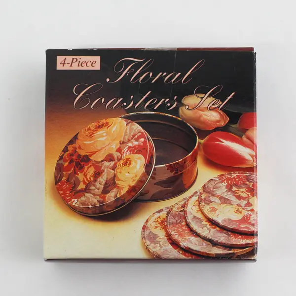 Vintage 4 Piece Set of Rose Coasters in a  Metal Tin NIB