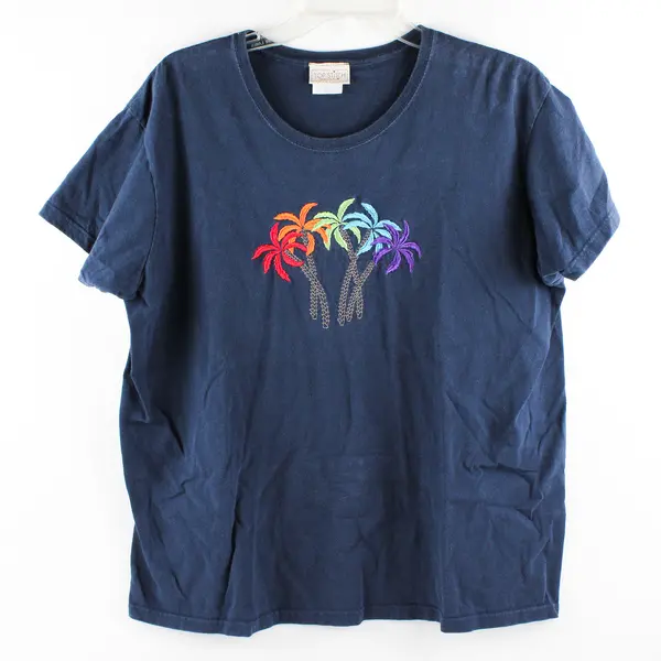 Vtg Top Stitch By Morning Sun Women's XL Navy 100% Cotton Embroidered Tee