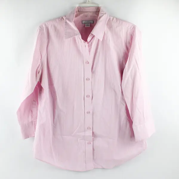 Lady Hathaway Women's L Pink Striped 3/4 Sleeve Button Up Collared Shirt