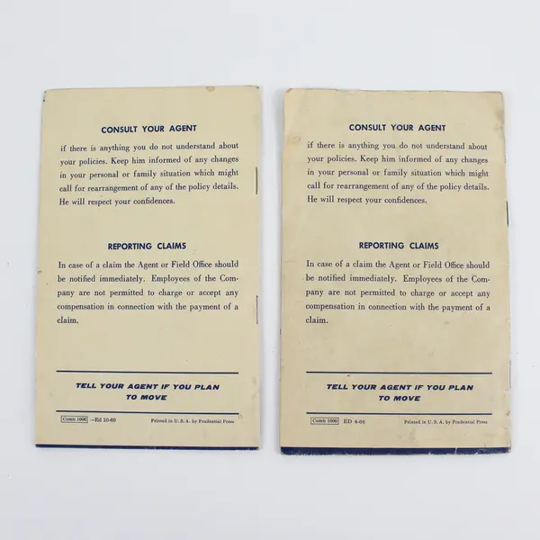 Lot Of 2 Prudential Insurance Premium Receipt Books 1960s 1970s Visalia Calif 