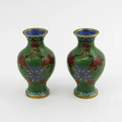 Vintage Lot of 2 Small Cloisonné Flowered Vases  3" Tall Green With Blue flowers