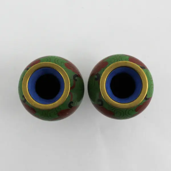 Vintage Lot of 2 Small Cloisonné Flowered Vases  3" Tall Green With Blue flowers