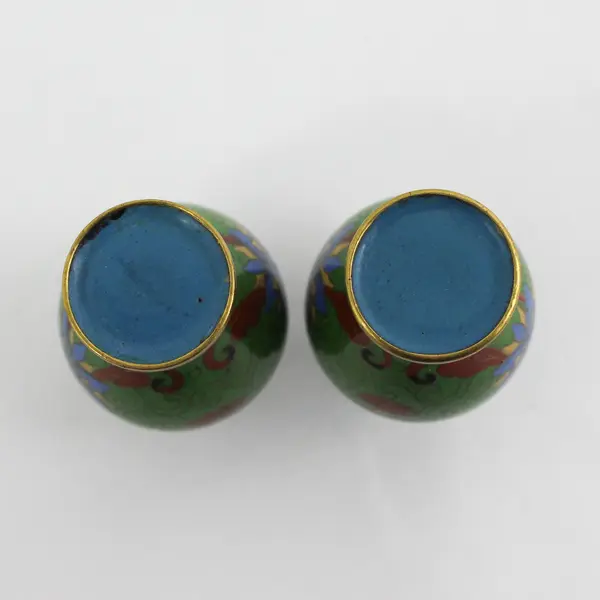 Vintage Lot of 2 Small Cloisonné Flowered Vases  3" Tall Green With Blue flowers