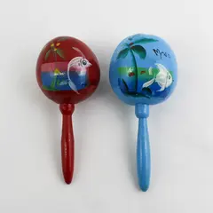 Pair of Hand Painted Mexican Fish Pattern Gourd Maracas With Wooden Handles