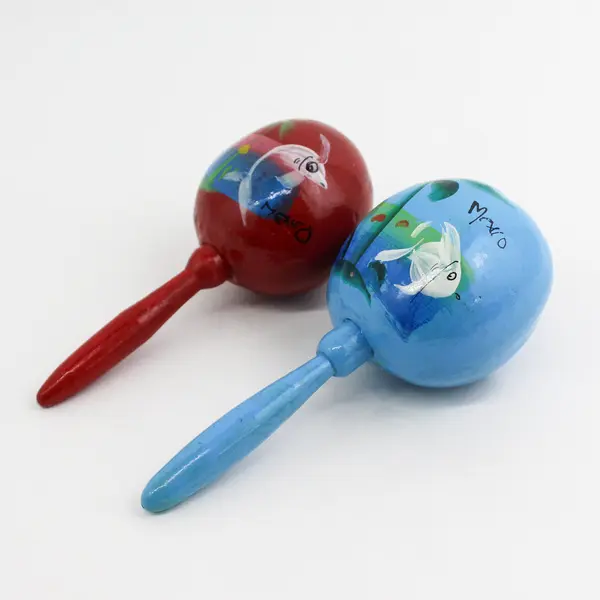 Pair of Hand Painted Mexican Fish Pattern Gourd Maracas With Wooden Handles