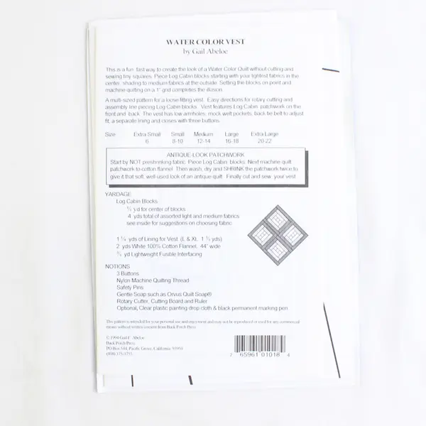 Water Color Vest Pieced Quilted Pattern Book, Sizes 6-22 1994, P018 New