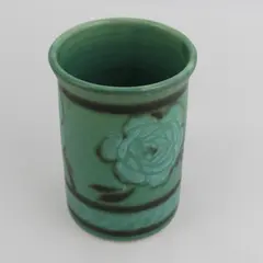 Green Ceramic Vase or Pencil Holder With A Rose Pattern Signed Leila