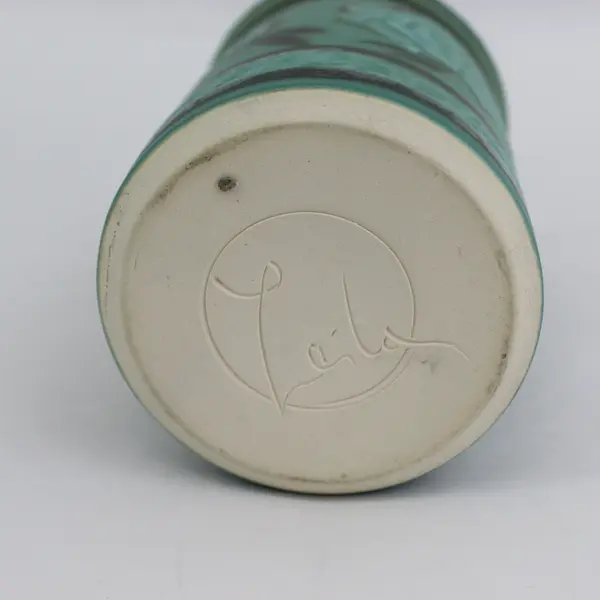 Green Ceramic Vase or Pencil Holder With A Rose Pattern Signed Leila